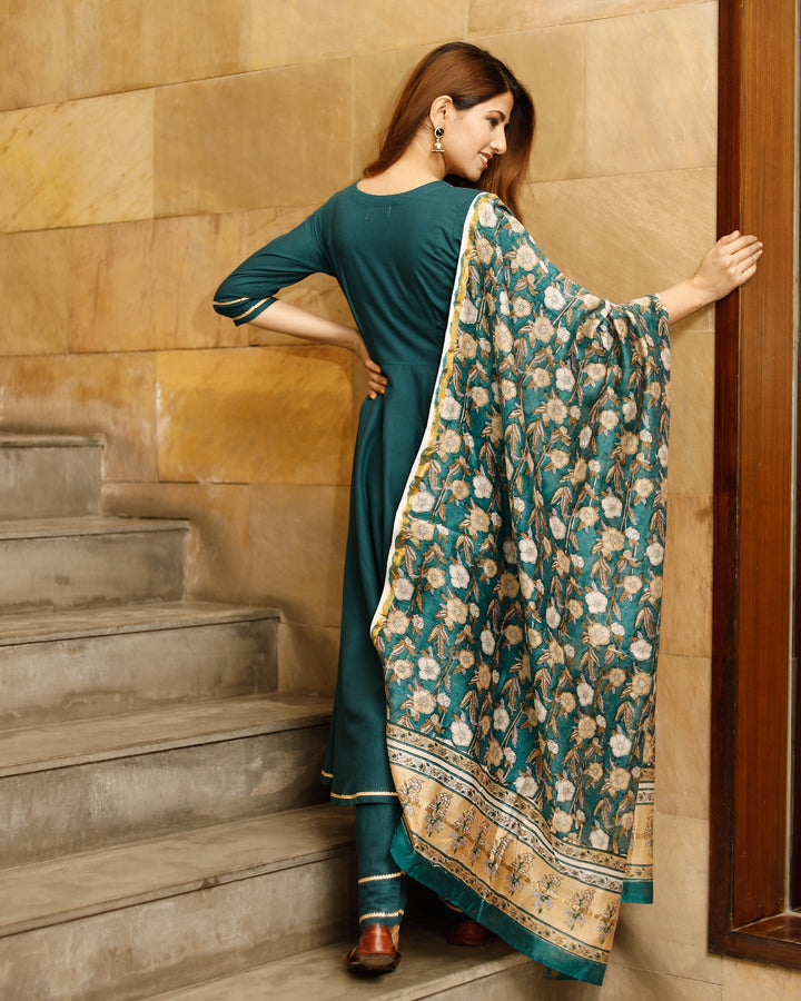 Teal Green Solid Flared Kurta Set With Hand Block Print Chanderi Dupatta