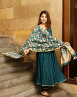 Teal Green Solid Flared Kurta Set With Hand Block Print Chanderi Dupatta