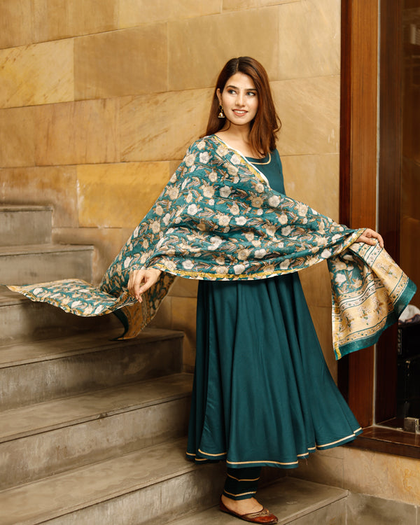 Teal Green Solid Flared Kurta Set With Hand Block Print Chanderi Dupatta