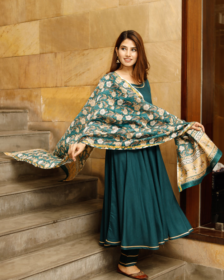 Teal Green Solid Flared Kurta Set With Hand Block Print Chanderi Dupatta