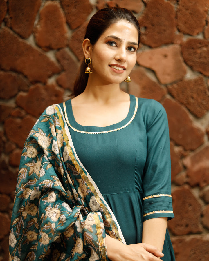 Teal Green Solid Flared Kurta Set With Hand Block Print Chanderi Dupatta