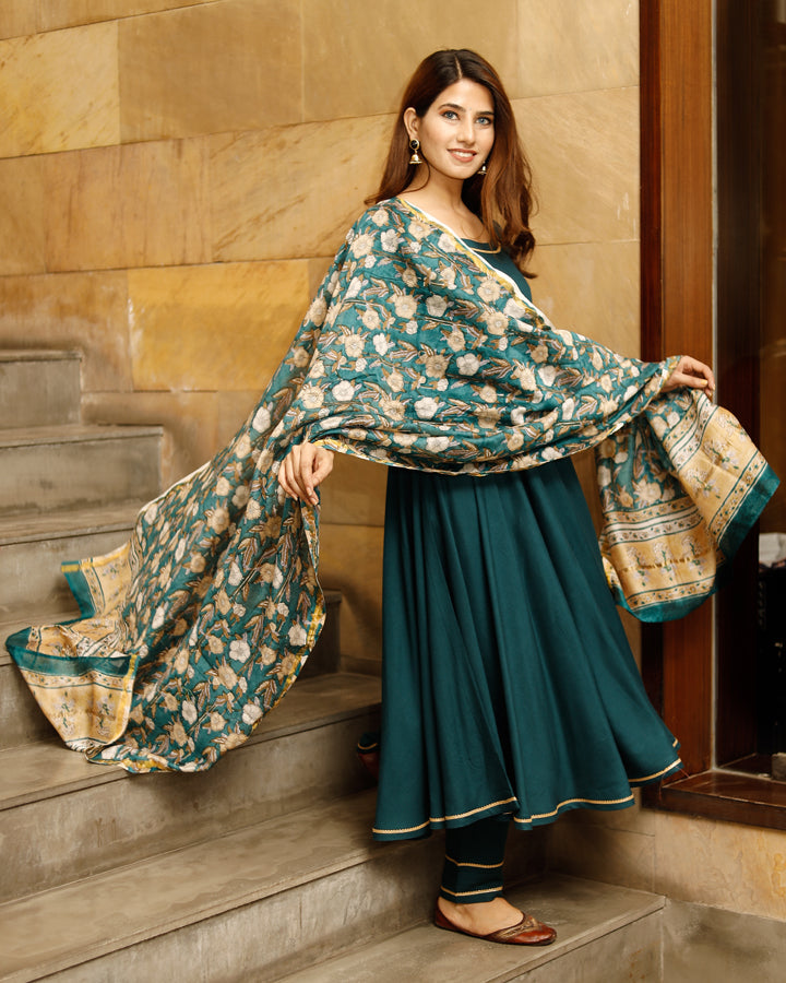 Teal Green Solid Flared Kurta Set With Hand Block Print Chanderi Dupatta