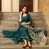 Teal Green Solid Flared Kurta Set With Hand Block Print Chanderi Dupatta