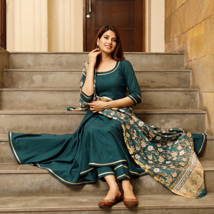 Teal Green Solid Flared Kurta Set With Hand Block Print Chanderi Dupatta