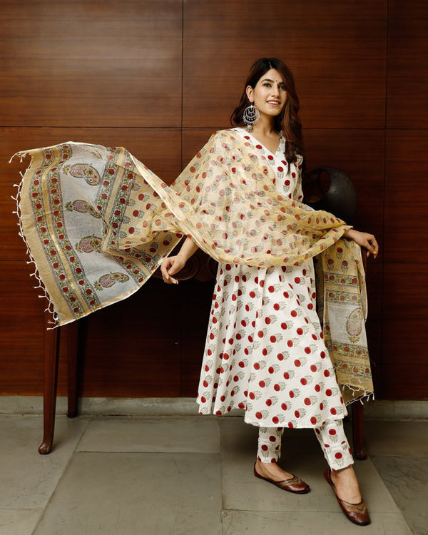 White Booti Floral Anarkali Set Paired With Pants