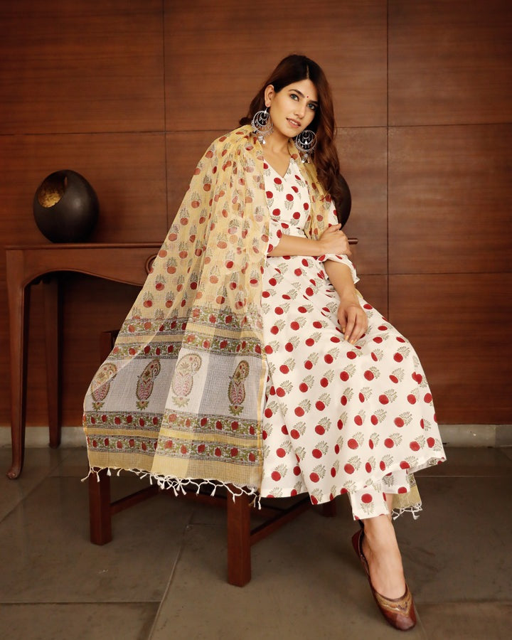 White Booti Floral Anarkali Set Paired With Pants