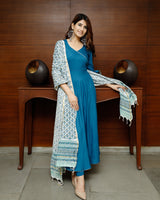 Pheeta Sapphire Blue Solid Suit Set With Block Print Dupatta