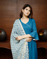 Pheeta Sapphire Blue Solid Suit Set With Block Print Dupatta