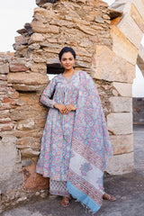Sky Blue And Pink Hand Blocked Suit With Palazzo And Chanderi Dupatta