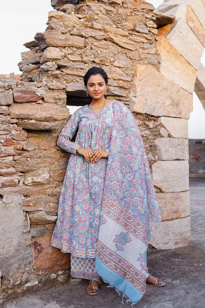 Sky Blue And Pink Hand Blocked Suit With Palazzo And Chanderi Dupatta