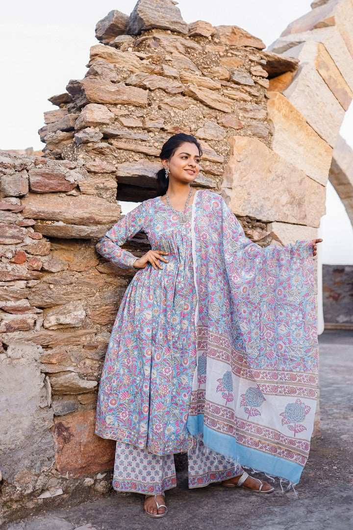 Sky Blue And Pink Hand Blocked Suit With Palazzo And Chanderi Dupatta