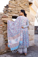 Sky Blue And Pink Hand Blocked Suit With Palazzo And Chanderi Dupatta