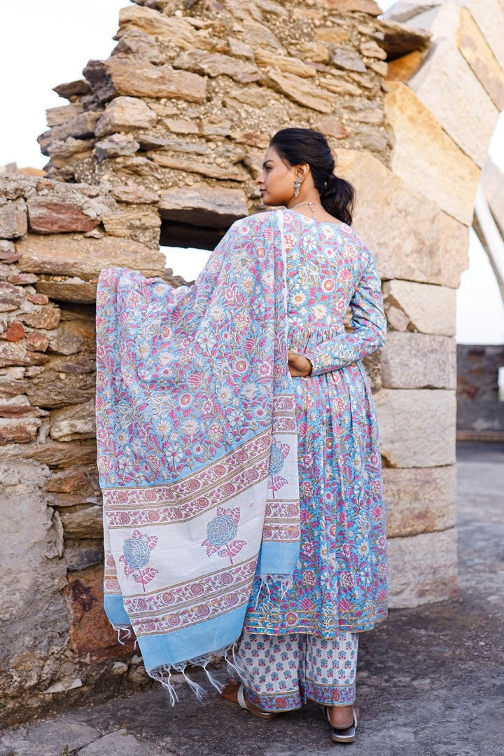 Sky Blue And Pink Hand Blocked Suit With Palazzo And Chanderi Dupatta