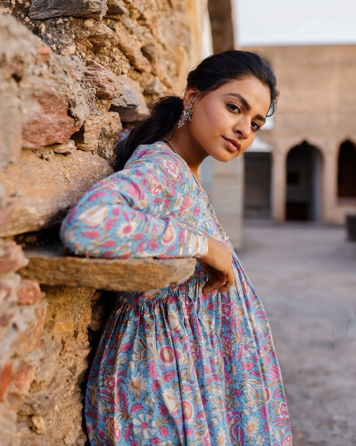 Sky Blue And Pink Hand Blocked Suit With Palazzo And Chanderi Dupatta