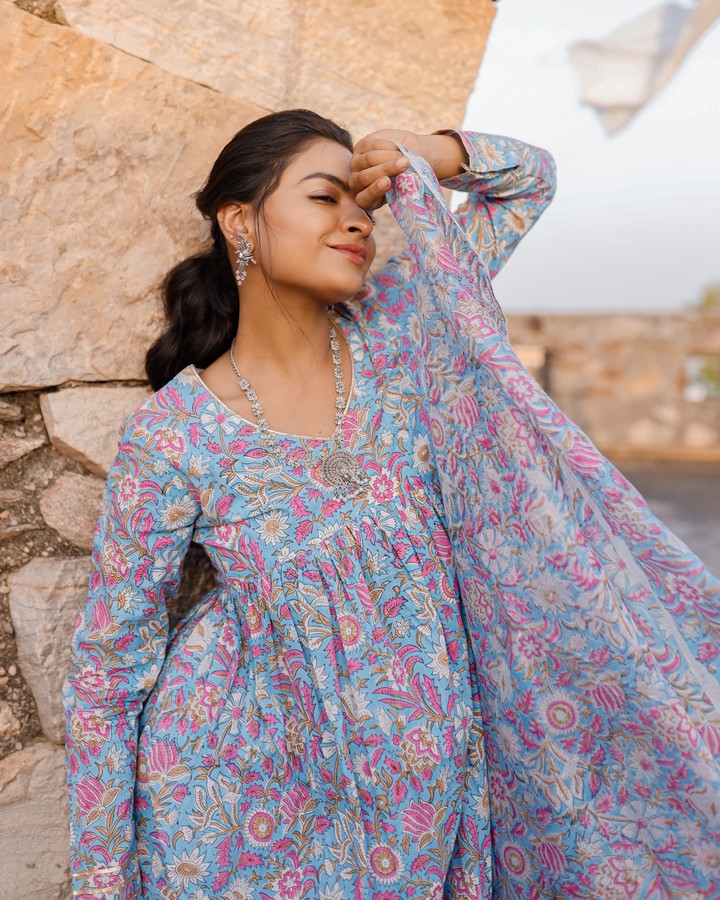 Sky Blue And Pink Hand Blocked Suit With Palazzo And Chanderi Dupatta