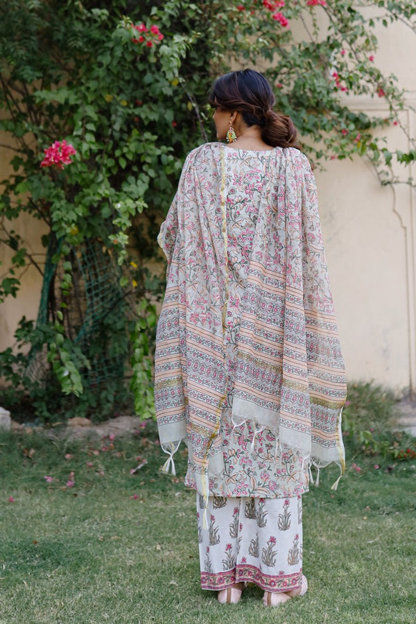 Pink And Grey Hand Blocked Suit With Palazzo And Chanderi Dupatta With Gotta Work