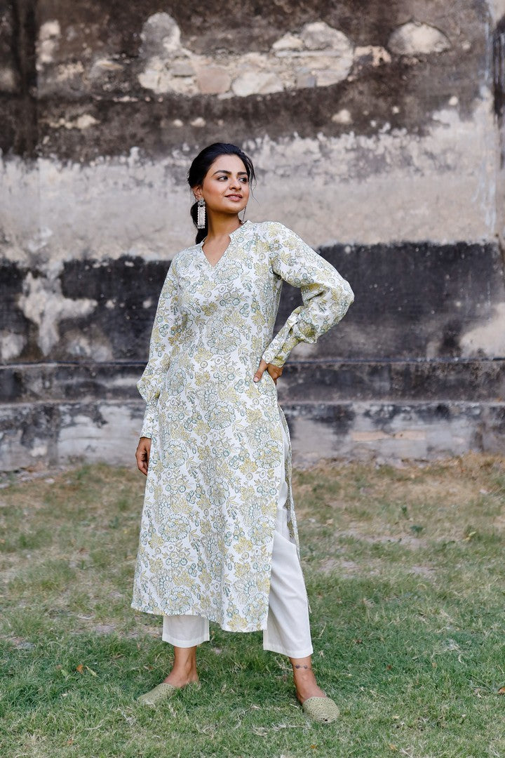 White And Mustard Hand Blocked Kurta With Pant (With Bishop Sleeves)