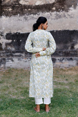 White And Mustard Hand Blocked Kurta With Pant (With Bishop Sleeves)