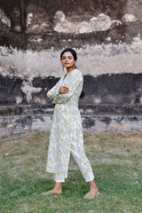 White And Mustard Hand Blocked Kurta With Pant (With Bishop Sleeves)