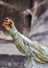 White And Mustard Hand Blocked Kurta With Pant (With Bishop Sleeves)