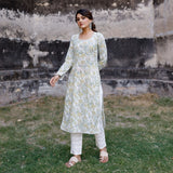 White And Mustard Hand Blocked Kurta With Pant