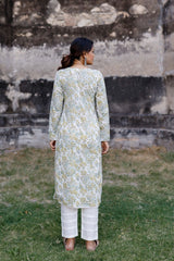 White And Mustard Hand Blocked Kurta With Pant