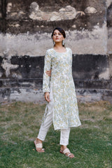 White And Mustard Hand Blocked Kurta With Pant