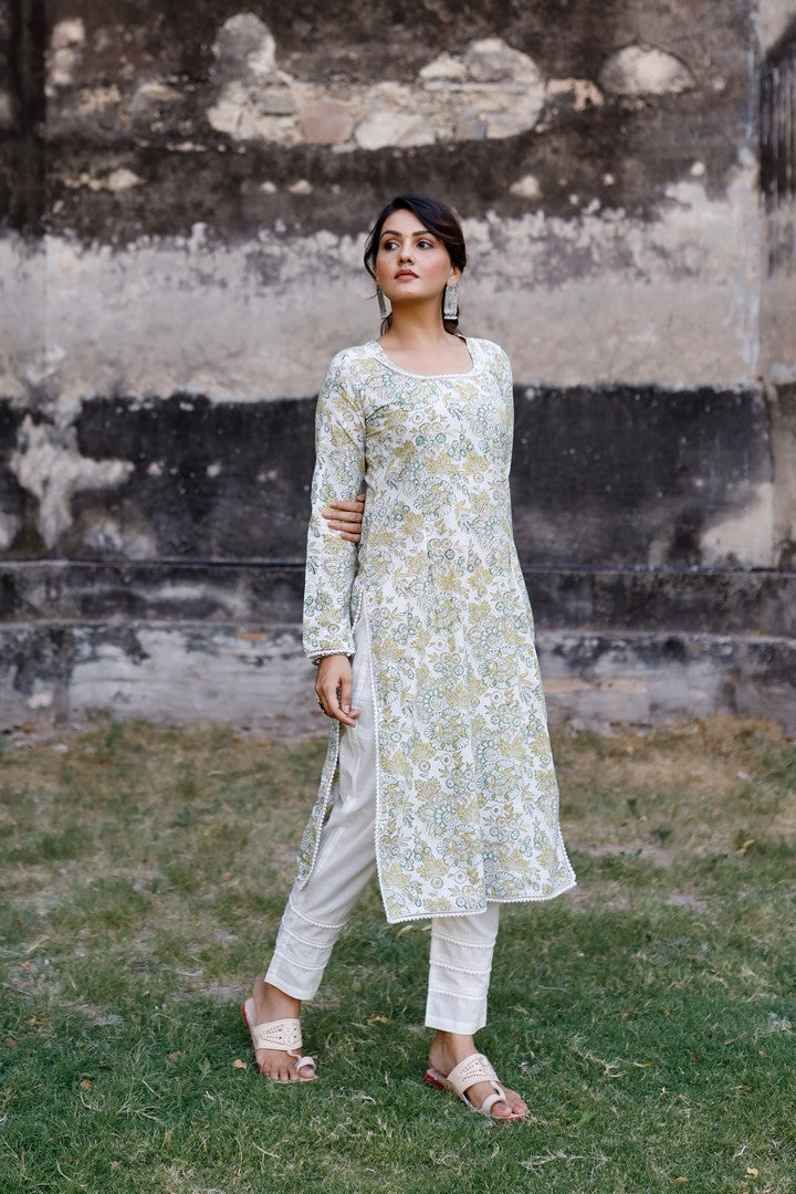 White And Mustard Hand Blocked Kurta With Pant