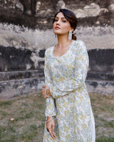 White And Mustard Hand Blocked Kurta With Pant