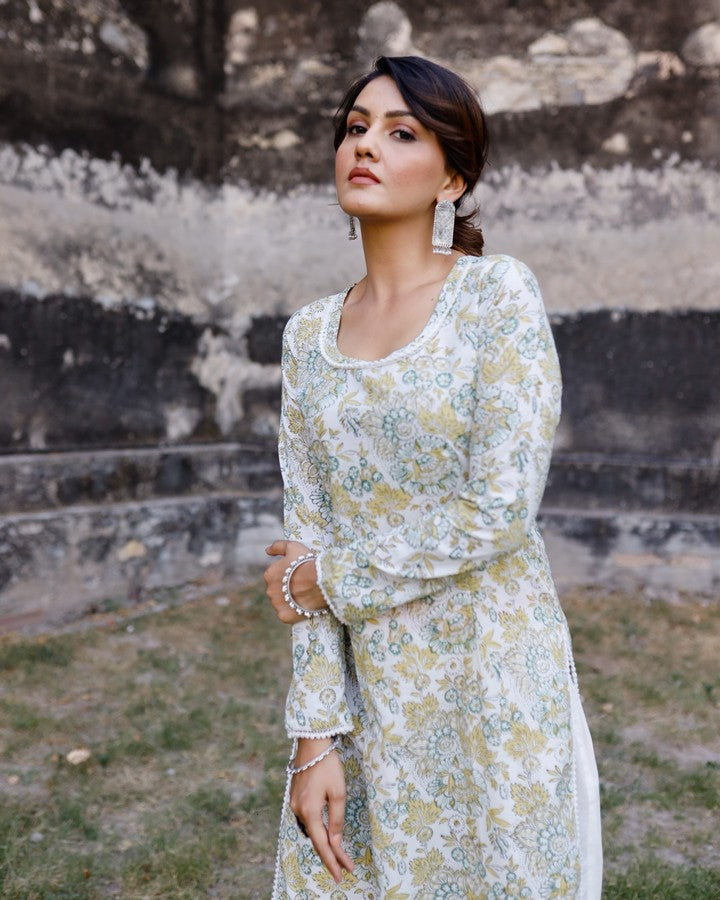 White And Mustard Hand Blocked Kurta With Pant