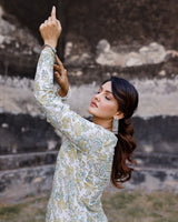 White And Mustard Hand Blocked Kurta With Pant
