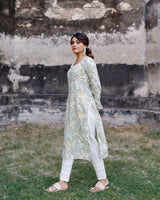 White And Mustard Hand Blocked Kurta With Pant