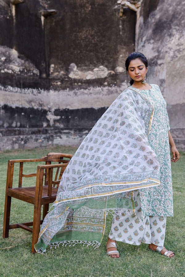 White And Green Hand Blocked Kurta With Palazzo And Chanderi Dupatta