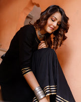 Solid Black Suit Set With Hand Painted Organza Dupatta