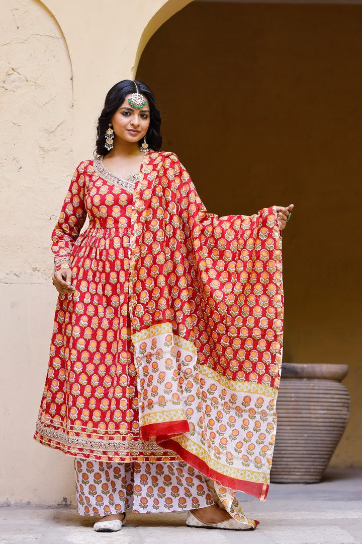 Red Hand Blocked Angrakha Suit With Palazzo