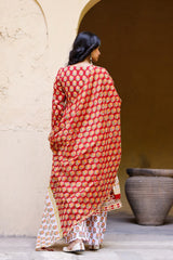 Red Hand Blocked Angrakha Suit With Palazzo