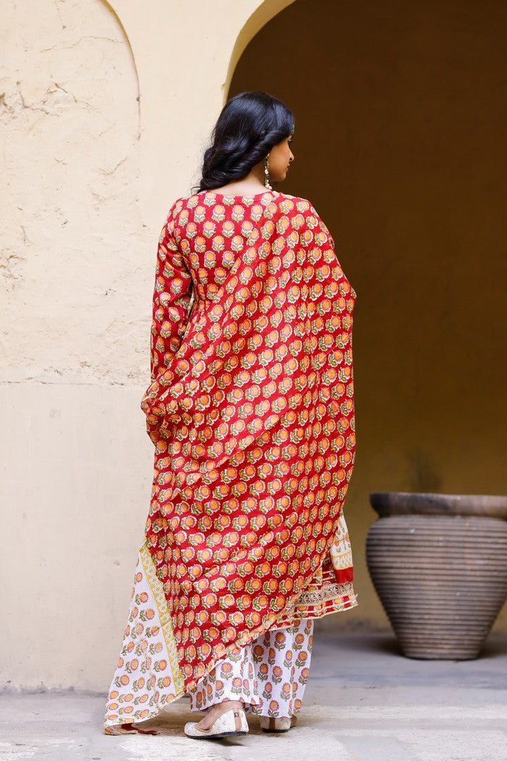Red Hand Blocked Angrakha Suit With Palazzo