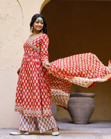 Red Hand Blocked Angrakha Suit With Palazzo