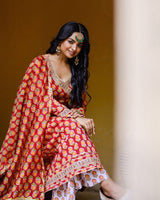 Red Hand Blocked Angrakha Suit With Palazzo