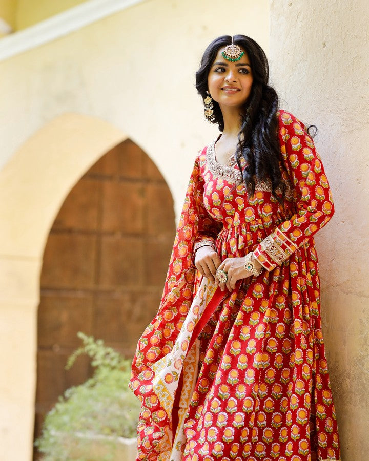 Red Hand Blocked Angrakha Suit With Palazzo