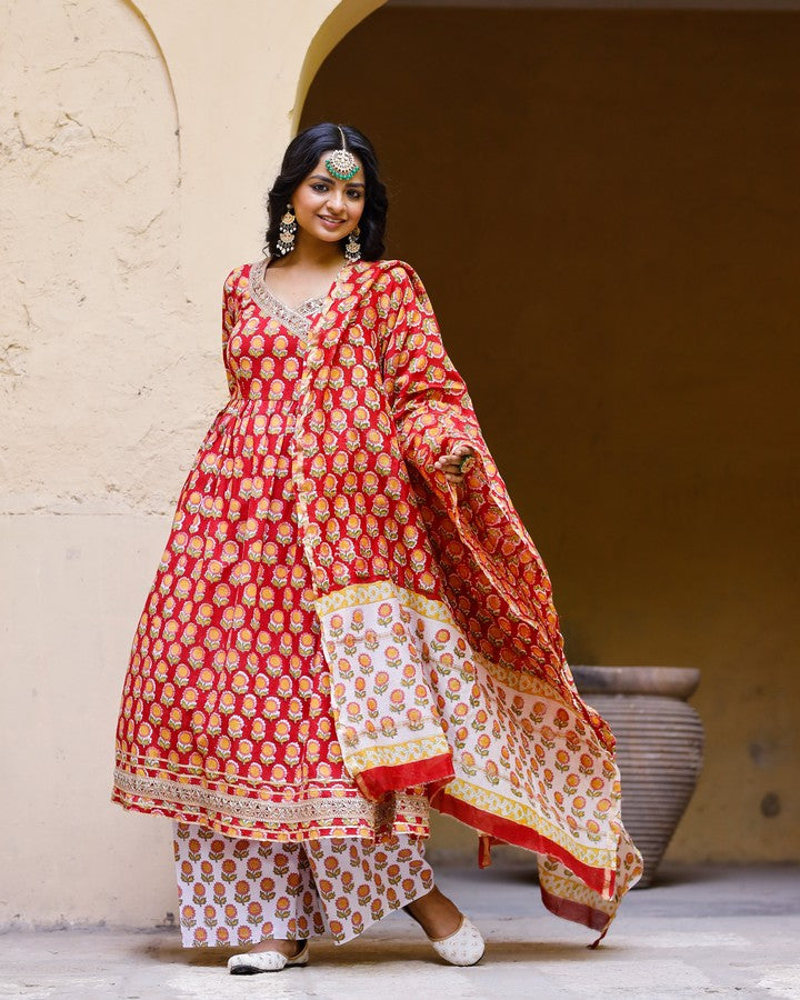 Red Hand Blocked Angrakha Suit With Palazzo