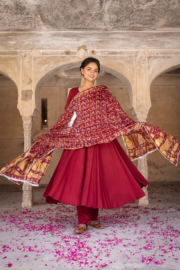 Solid Maroon Anarkali Suit Set With Bandhej Dupatta