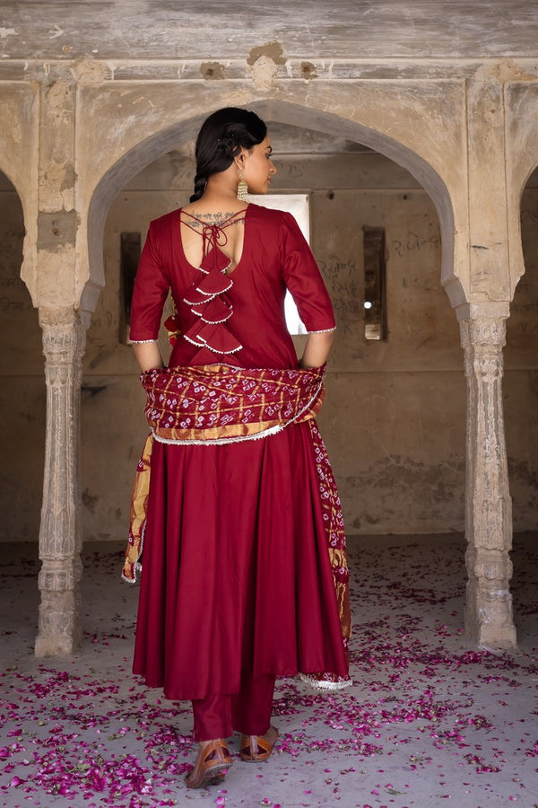 Solid Maroon Anarkali Suit Set With Bandhej Dupatta