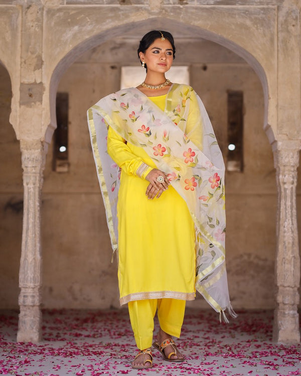 Solid Yellow Suit Set With Hand Painted Organza Dupatta