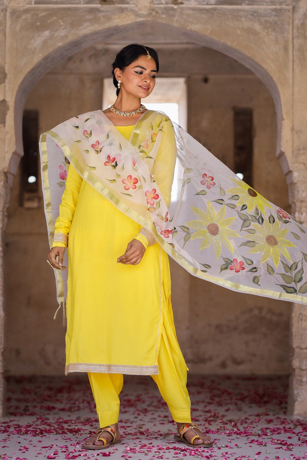 Solid Yellow Suit Set With Hand Painted Organza Dupatta
