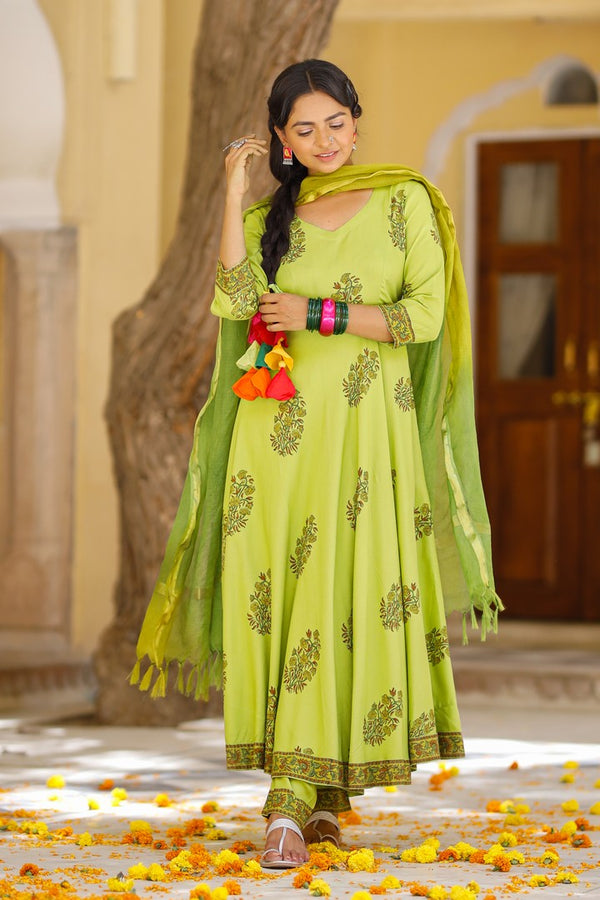 Pista Green Hand Blocked Anarkali Suit Set With Kota Doria Dupatta