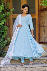 Blue Polka Anarkali Suit Set With Tissue Fabric Dupatta