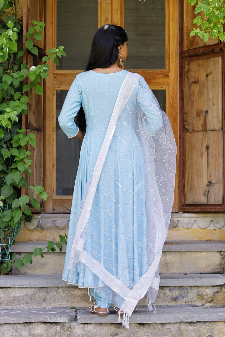 Blue Polka Anarkali Suit Set With Tissue Fabric Dupatta