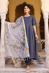 Solid Grey Anarkali Suit Set With Hand Painted Organza Dupatta