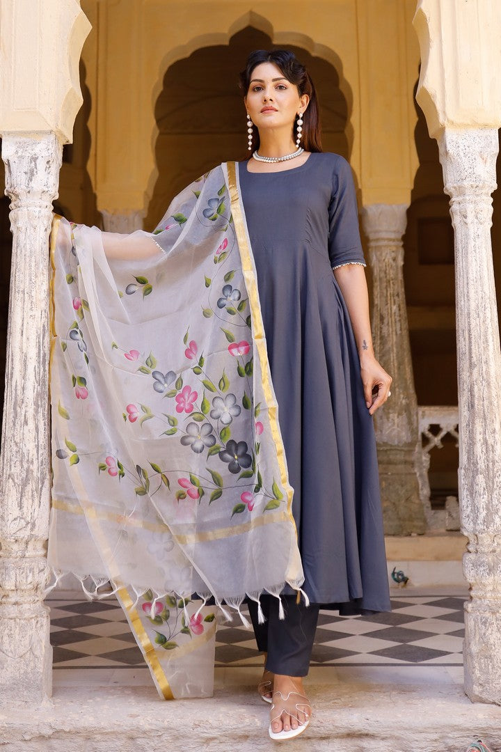 Solid Grey Anarkali Suit Set With Hand Painted Organza Dupatta